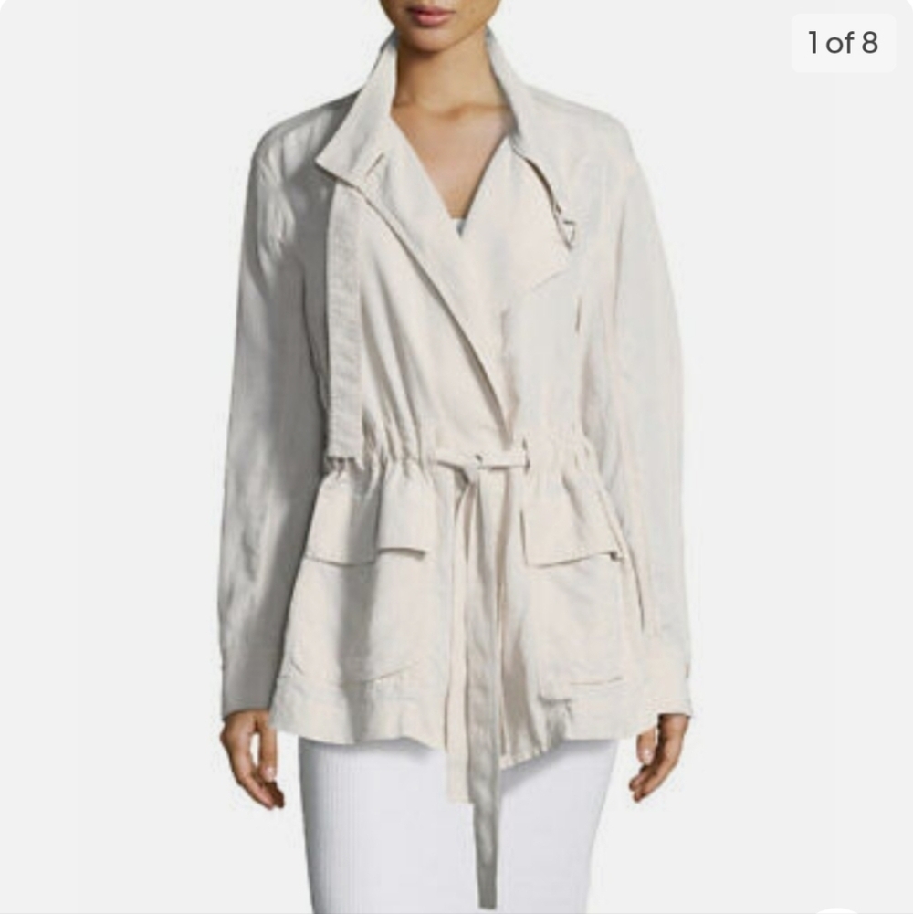 Vince Sz XS Drapey Wrap Front Belted Linen Blend Cream Coastal Coat Jacket